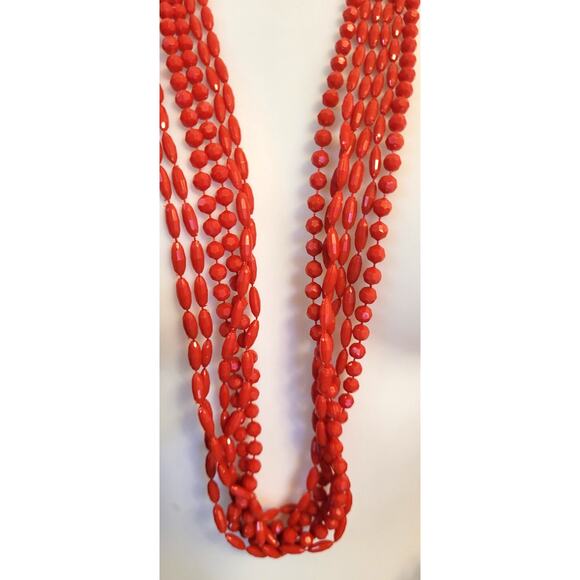 Faux Red Coral Plastic Multistrand Vtg 50s 60s MCM Beaded Necklace Box Clasp - Picture 5 of 8